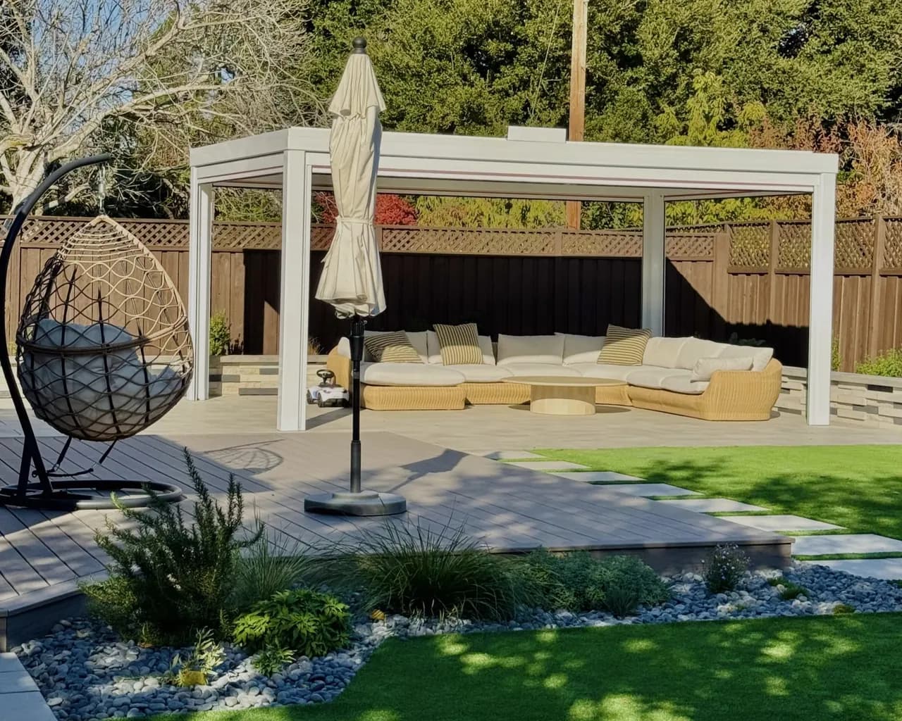 Modern Minimalist Backyard Design: Pavers, Decking, Lighting, and a Motorized Pergola