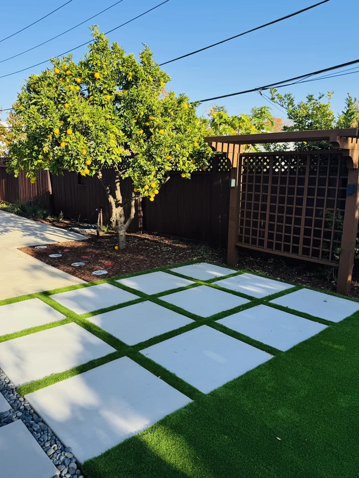 Grid of large concrete pavers set in artificial turf under a citrus tree